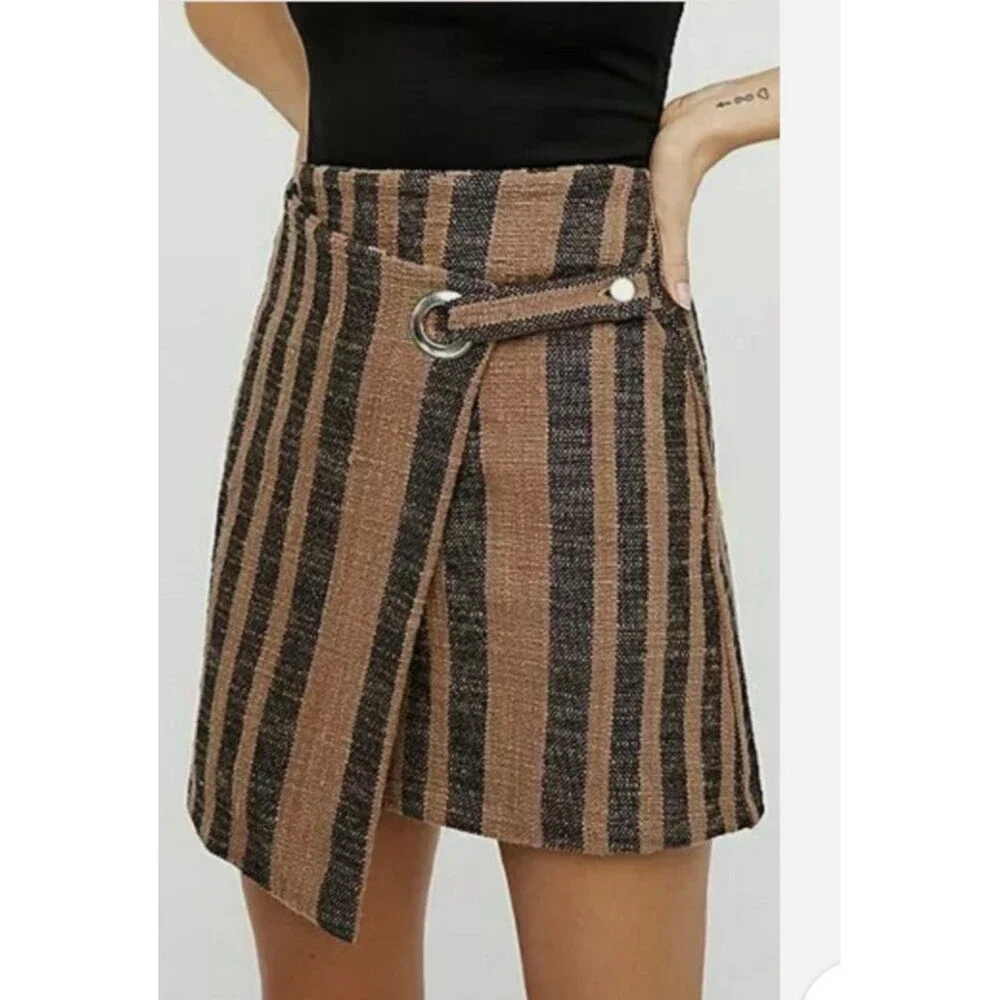 Free People Wrap Mini Skirt M Brown Stripe Asymmetrical Boho Cottage Festival